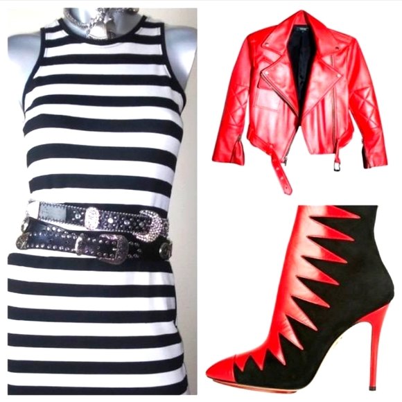 "Rachel Roy" Black/White Pop of Red Fitted Cocktail Party Midi Sleeveless Dress - Picture 2 of 9